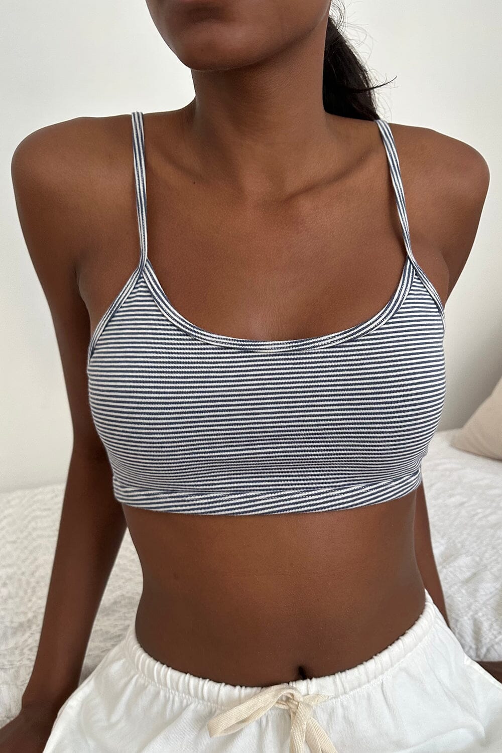 Brandy Melville White with Navy Stripes Long Sleeve Top Semi Cropped One  Size