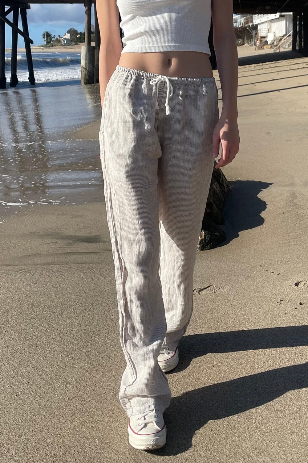 Striped Linen Look Wide Leg Beach Pants