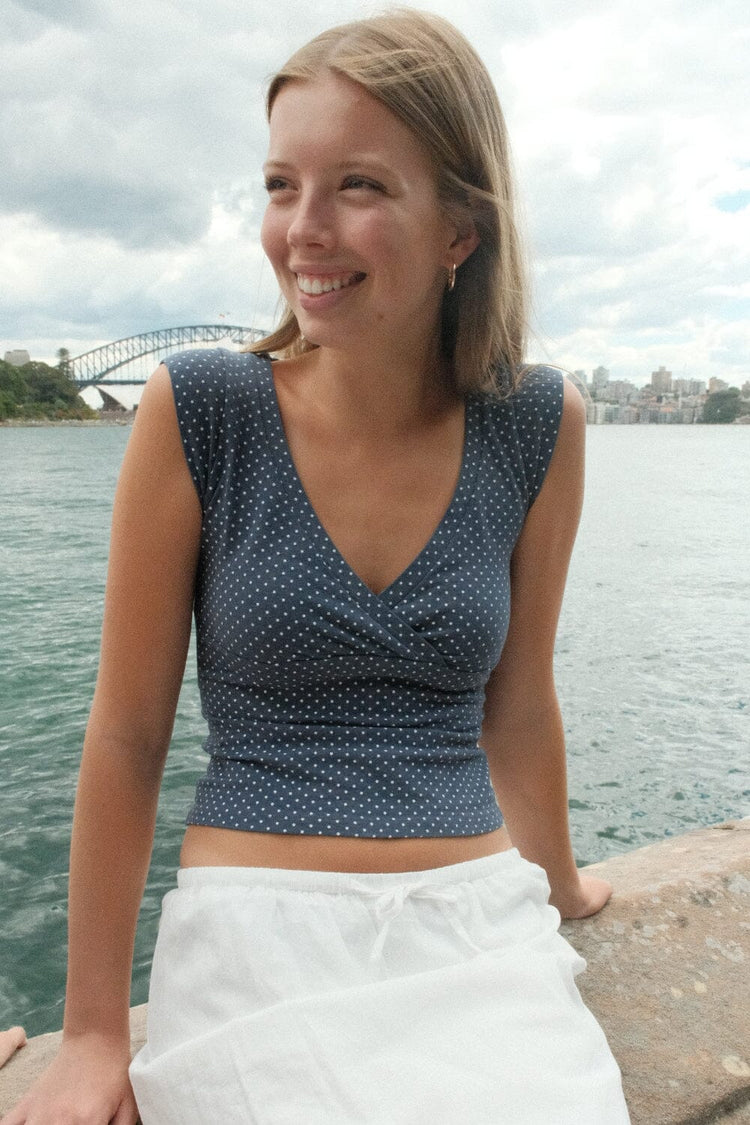 Amara Polka Dots Tank | Faded Navy Blue With White Polka Dots / XS/S