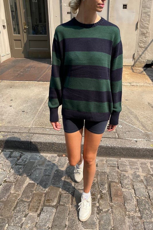 Brianna Cotton Thick Stripe Sweater | Navy Blue and Dark Green Stripes / Oversized Fit