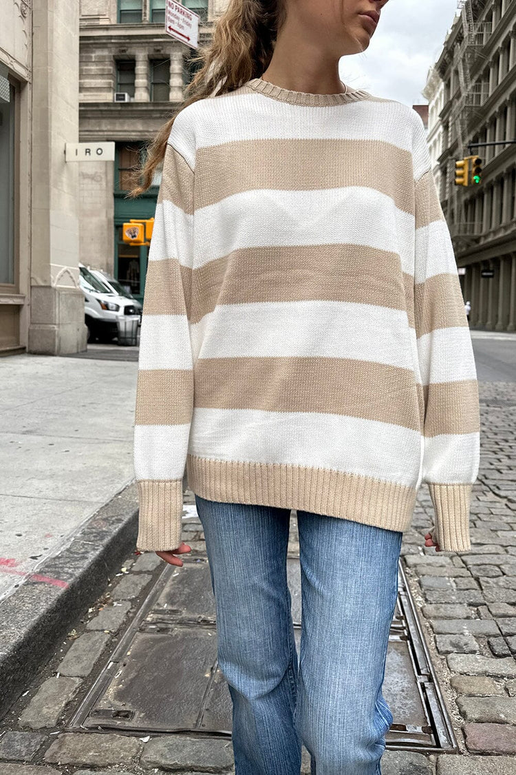 Brianna Cotton Thick Stripe Sweater | Latte Ivory Stripes / Oversized Fit