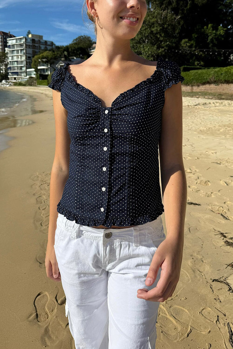 Elena Polka Dot Top | Faded Navy Blue With White Polka Dots / XS/S