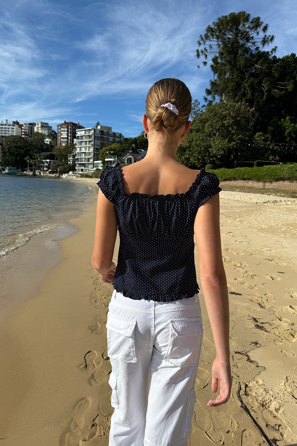 Elena Polka Dot Top | Faded Navy Blue With White Polka Dots / XS/S