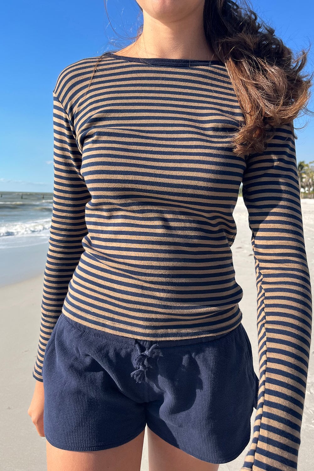Brandy Melville Blue and White Striped Off the Shoulder Top Size