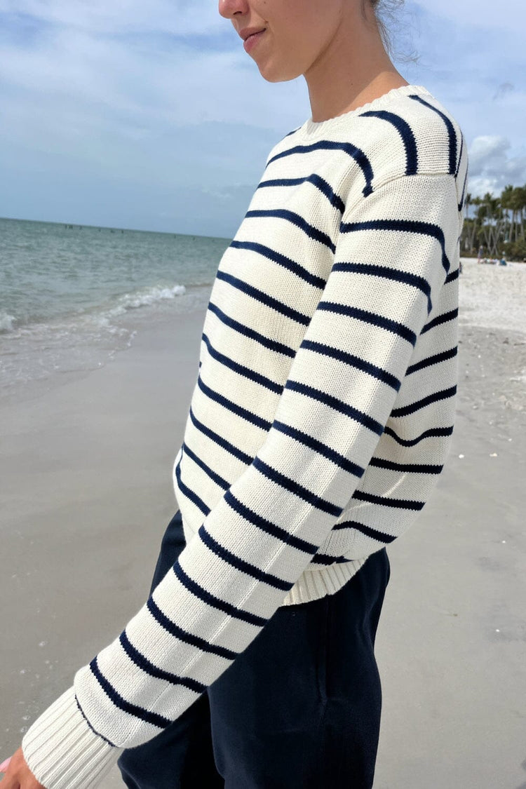 Martha Cotton Thin Stripe Sweater | Ivory With Navy Blue Stripes / S/M