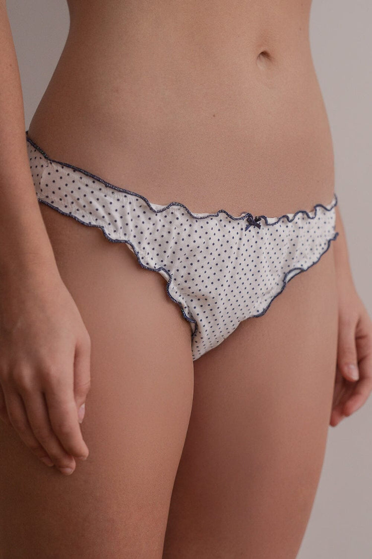 Polka Dots Scallop Bow Underwear | White With Navy Blue Polka Dots / S