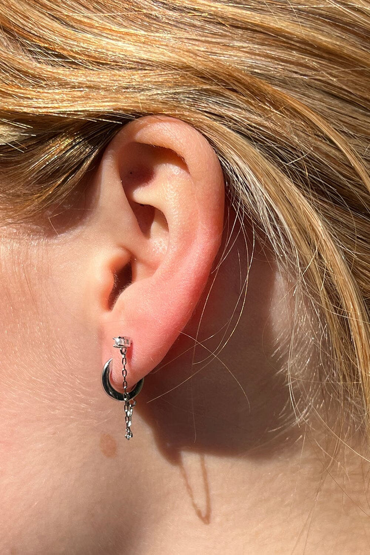 Pearl Stud Chainlink Hoop Earrings | Silver