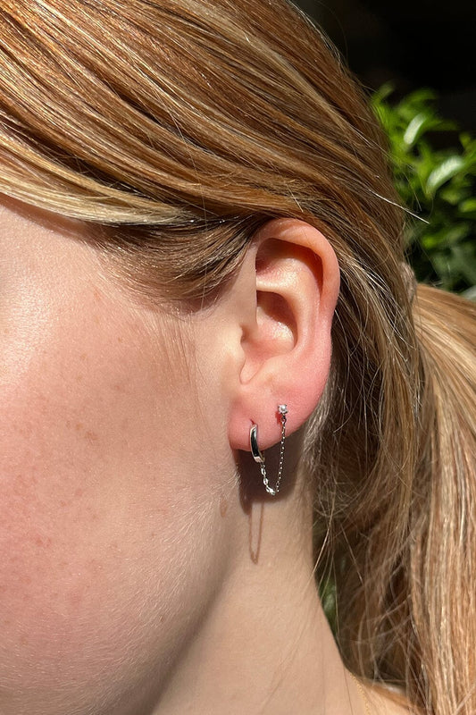 Pearl Stud Chainlink Hoop Earrings | Silver