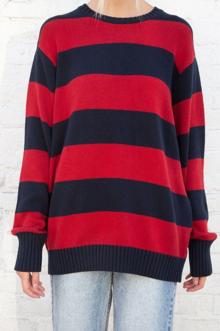 Brianna Cotton Thick Stripe Sweater | Navy Blue and Red Stripes / Oversized Fit