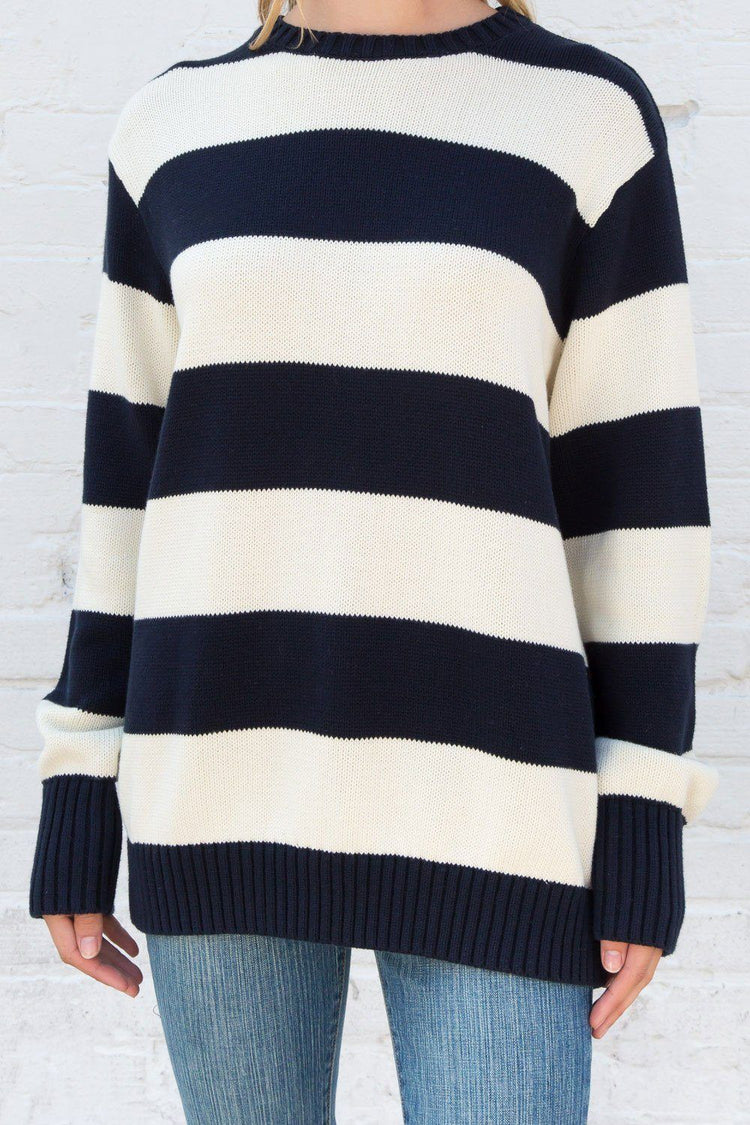Brianna Cotton Thick Stripe Sweater | Ivory Navy Blue Stripes / Oversized Fit