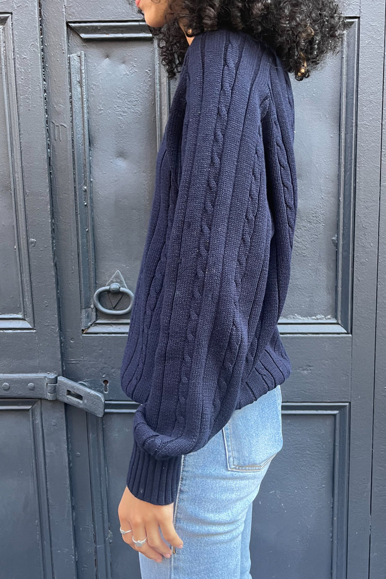 Ida Cotton Cable Knit V-Neck Sweater | Navy Blue / Regular Fit
