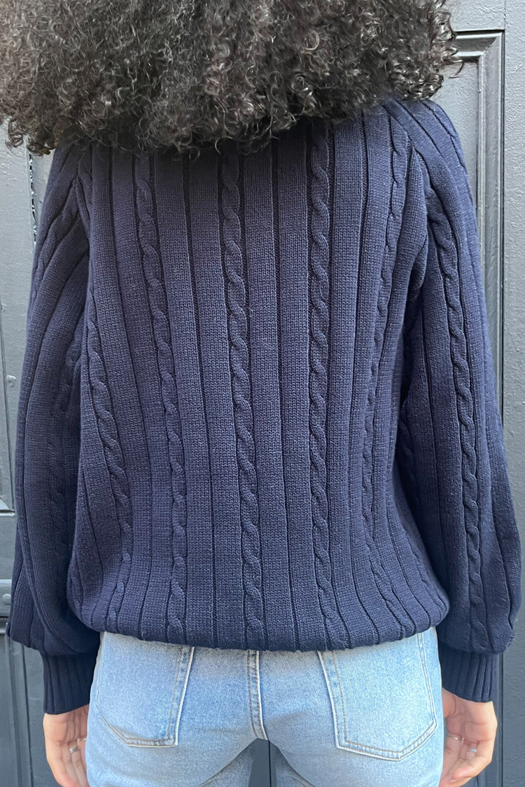 Ida Cotton Cable Knit V-Neck Sweater | Navy Blue / Regular Fit