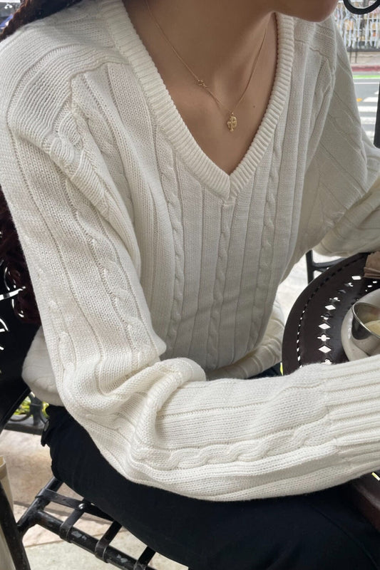 Ida Cotton Cable Knit V-Neck Sweater | Ivory / Regular Fit