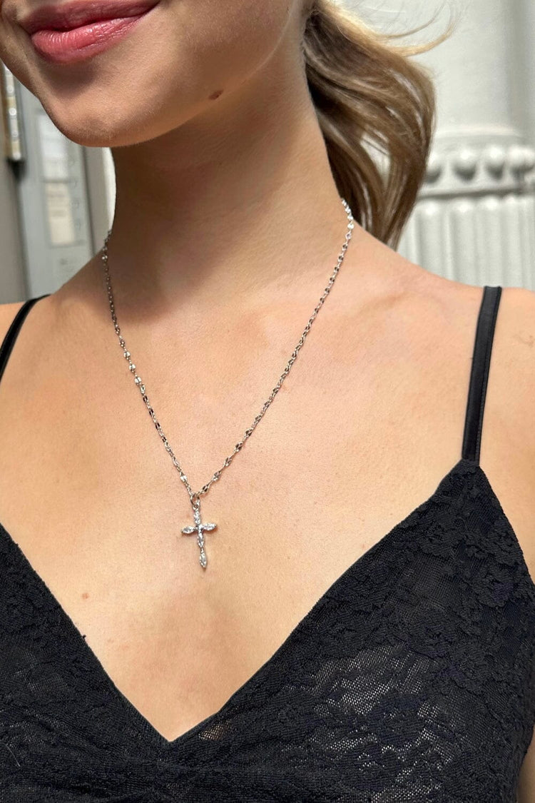 Rhinestone Cross Necklace | Silver