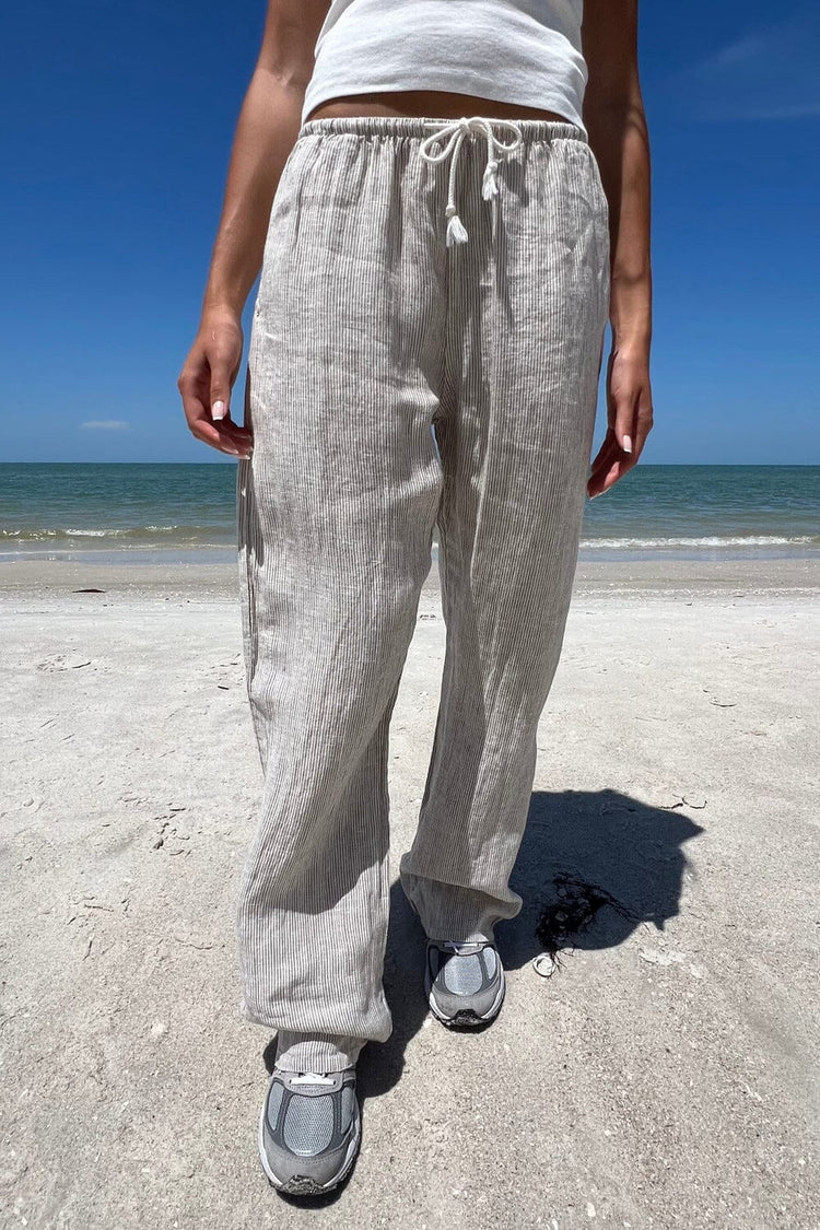 Anastasia Linen Pants | White With Beige Stripes / S