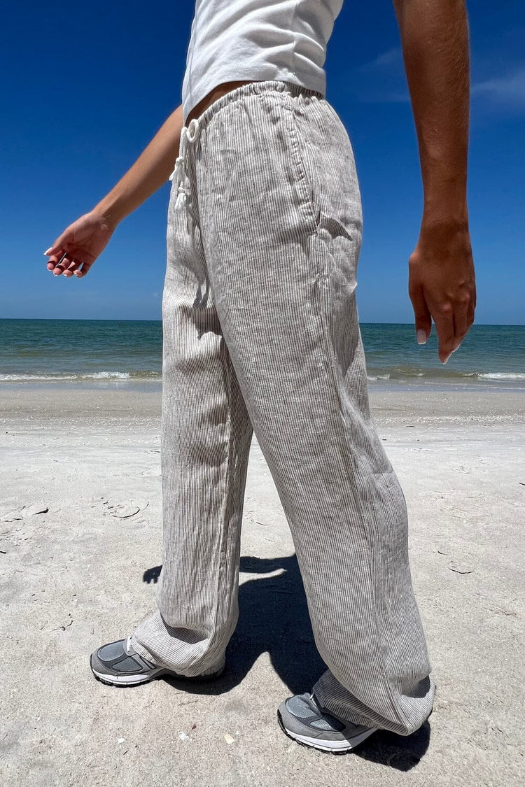 Anastasia Linen Pants | White With Beige Stripes / S