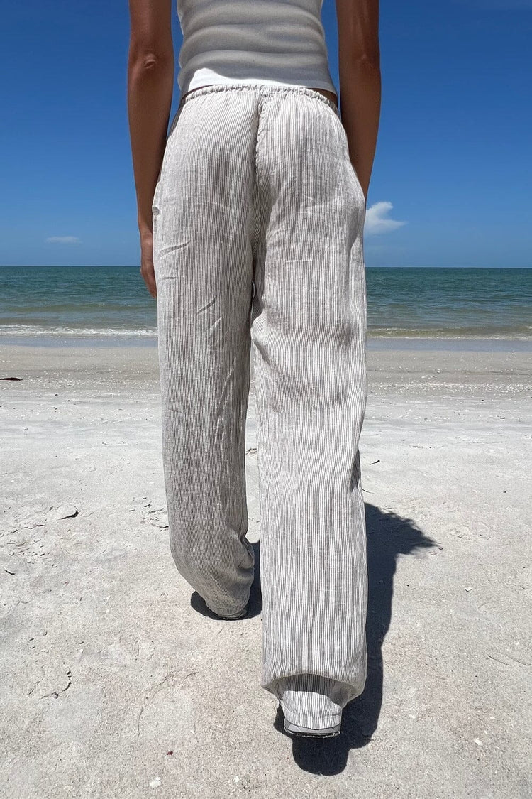 Anastasia Linen Pants | White With Beige Stripes / S