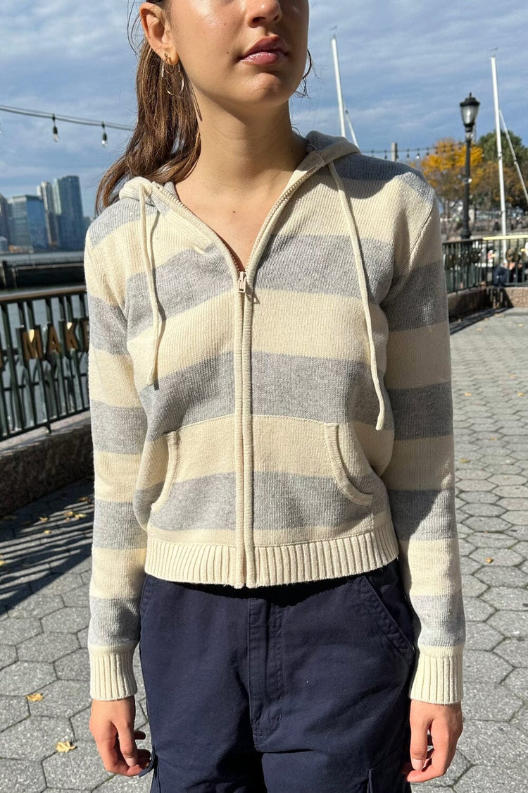 Alana Wool Stripe Zip-Up Sweater | Ivory And Grey Stripes / Regular Fit