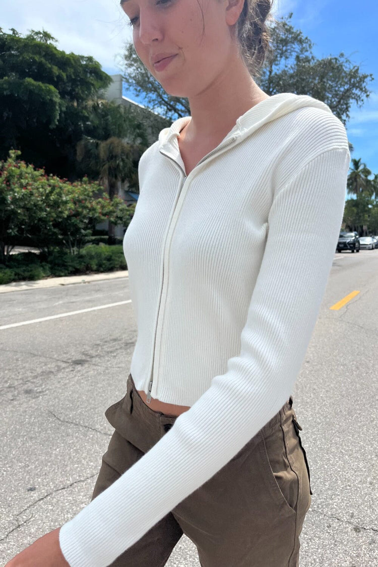 Brandy Melville Womens Stretchy Knit Zip Up Hoodie Silver Zipper