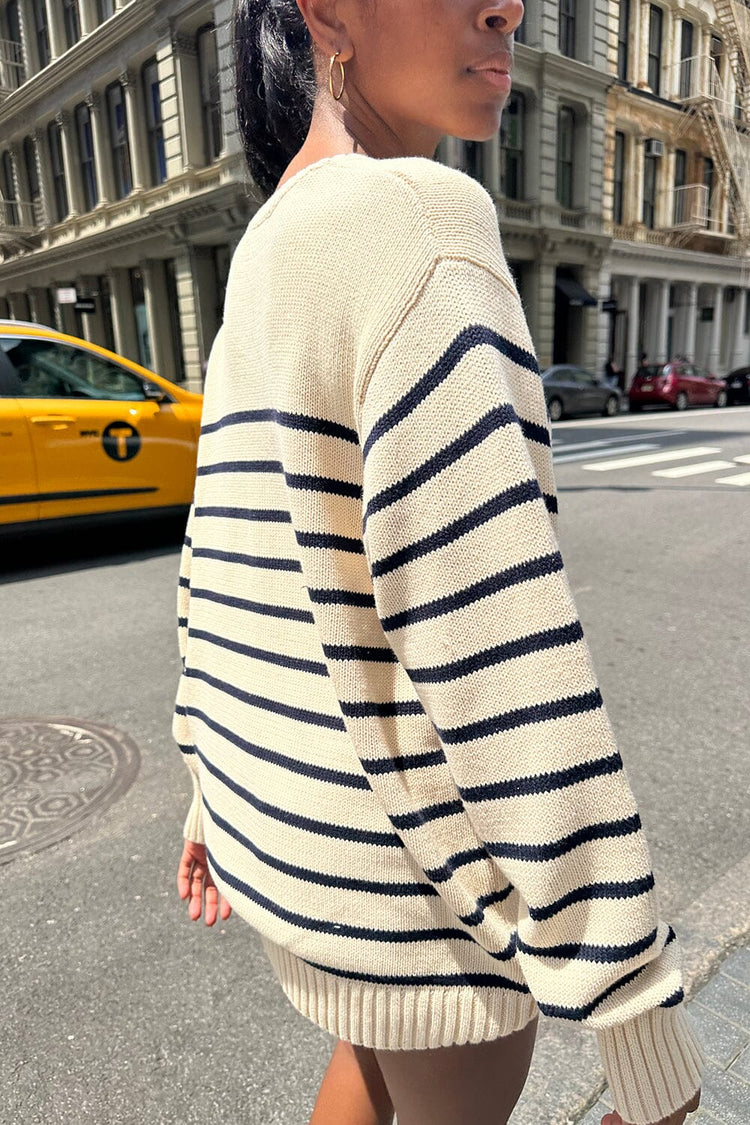 Brianna Cotton Thin Stripe Sweater | Blue Ivory Stripe / Oversized Fit