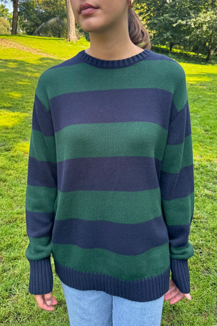 Brianna Cotton Thick Stripe Sweater | Navy Blue and Dark Green Stripes / Oversized Fit