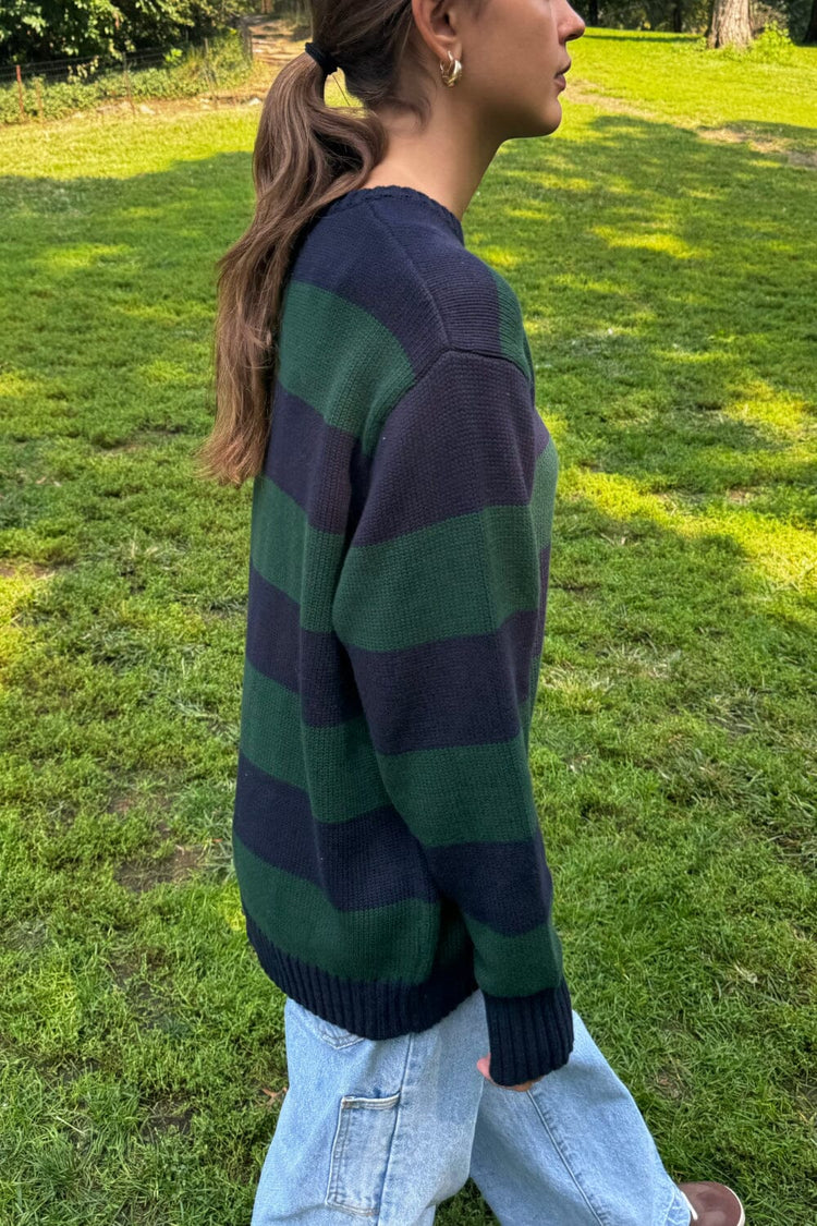 Brianna Cotton Thick Stripe Sweater | Navy Blue and Dark Green Stripes / Oversized Fit