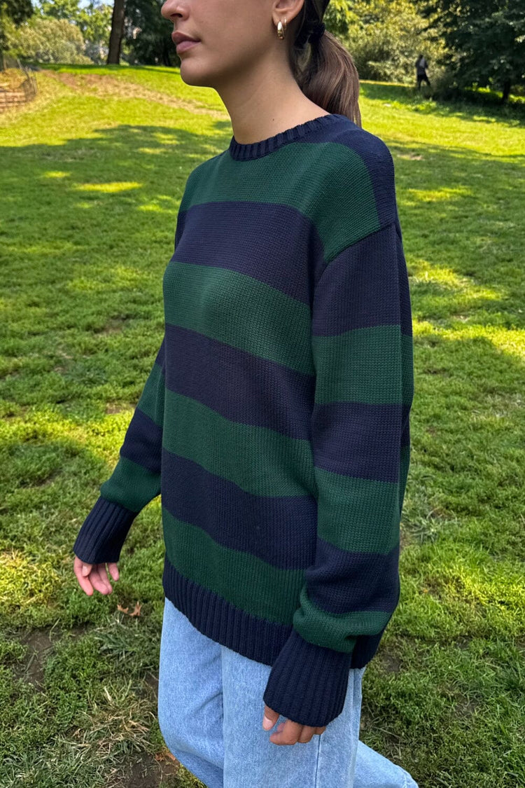 Brianna Cotton Thick Stripe Sweater | Navy Blue and Dark Green Stripes / Oversized Fit