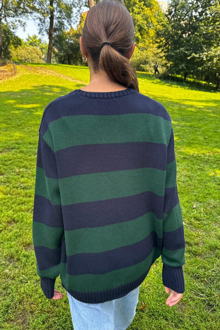 Brianna Cotton Thick Stripe Sweater | Navy Blue and Dark Green Stripes / Oversized Fit