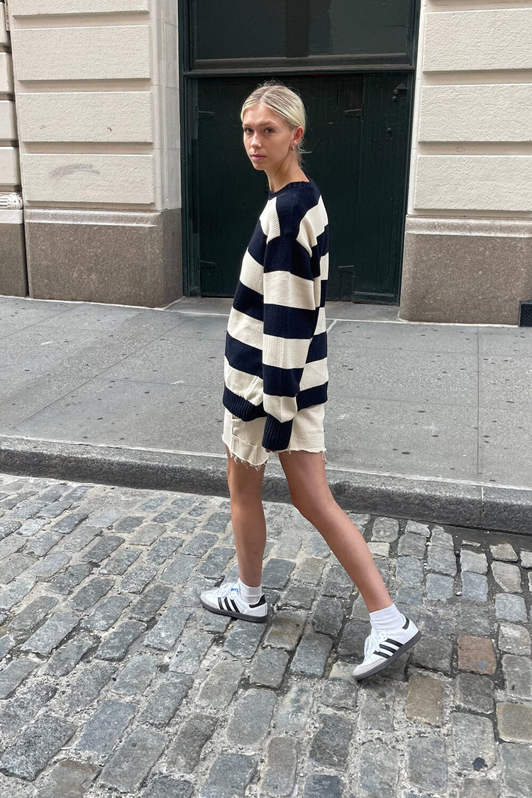 Brianna Cotton Thick Stripe Sweater | Dark Navy and Ivory Stripes / Oversized Fit