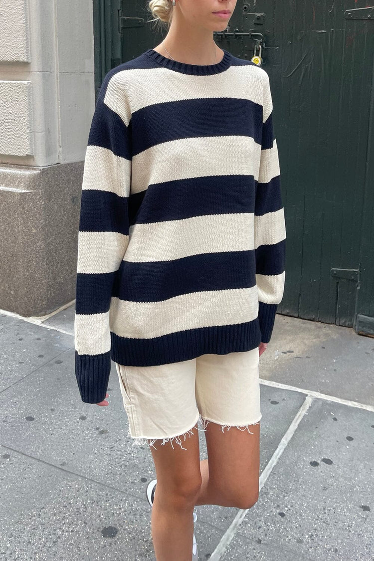 Brianna Cotton Thick Stripe Sweater | Dark Navy and Ivory Stripes / Oversized Fit