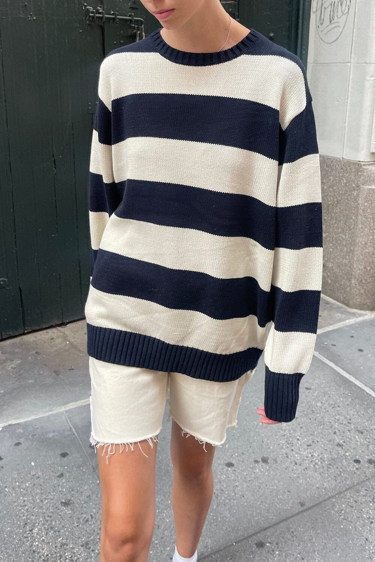Brianna Cotton Thick Stripe Sweater | Dark Navy and Ivory Stripes / XL / L
