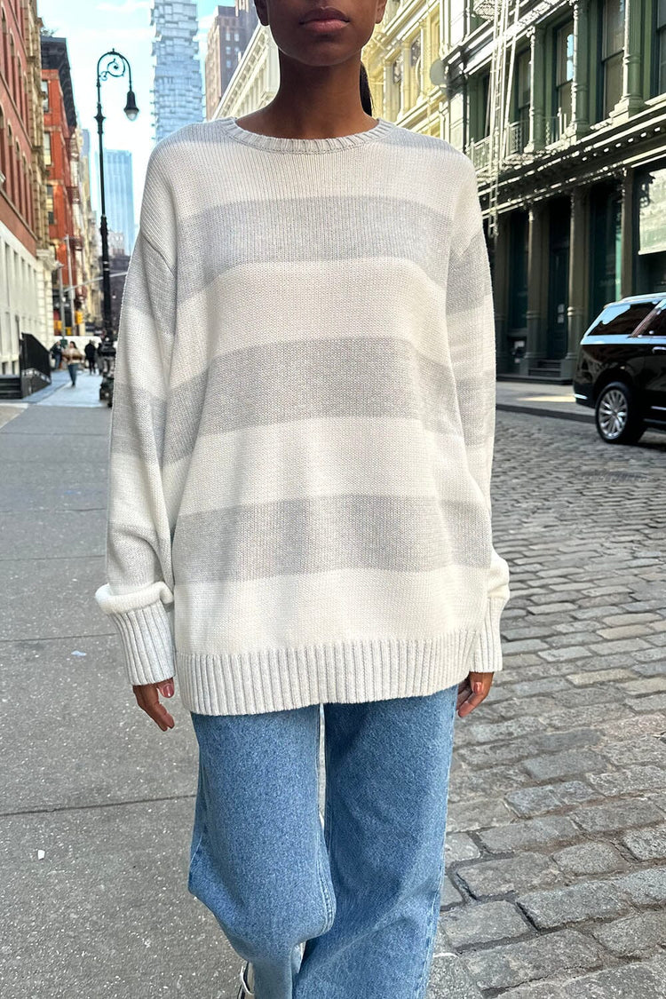 Brianna Cotton Thick Stripe Sweater | White Silver Stripes / Oversized Fit