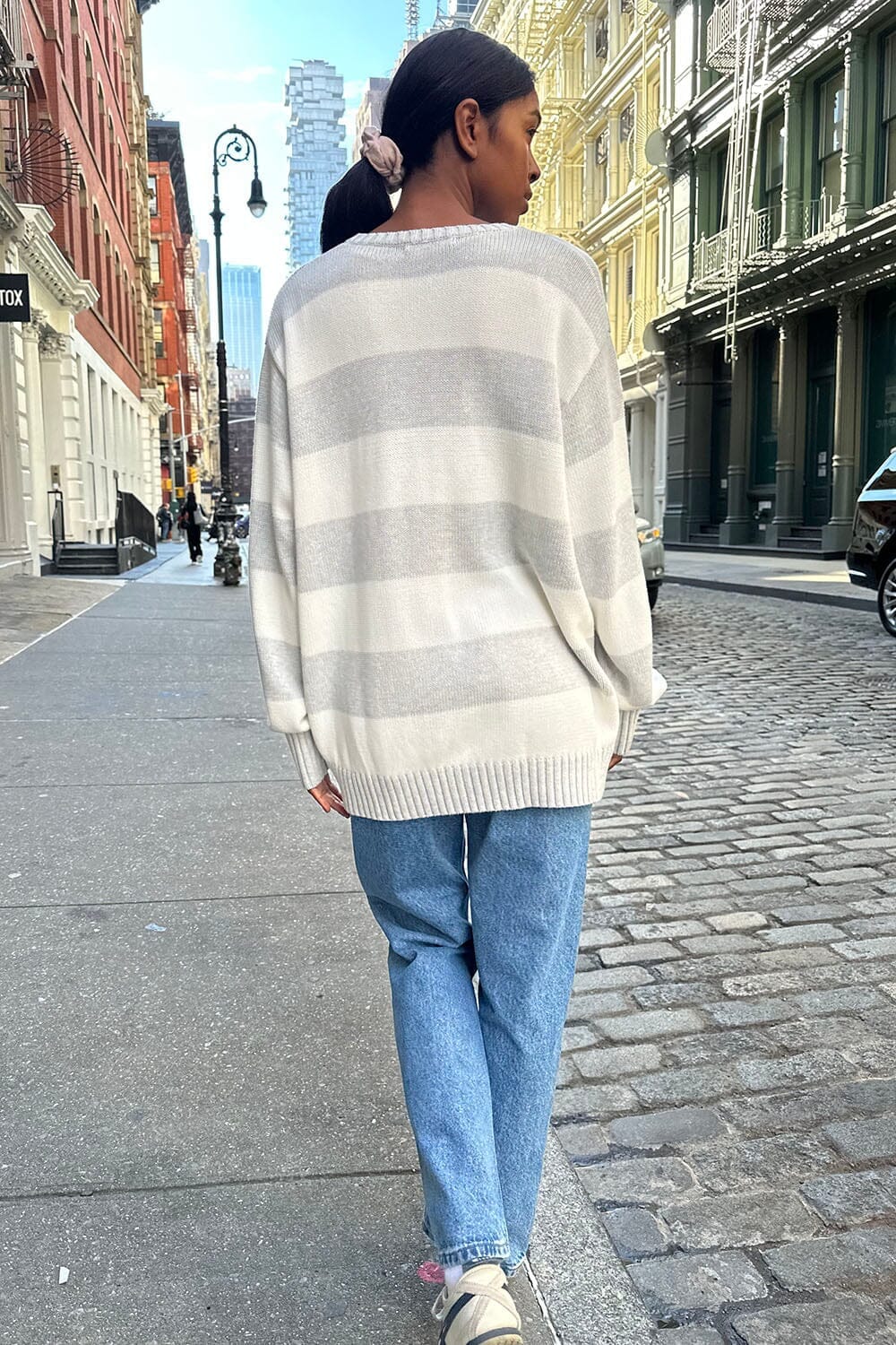 Brianna Cotton Thick Stripe Sweater | White Silver Stripes / Oversized Fit