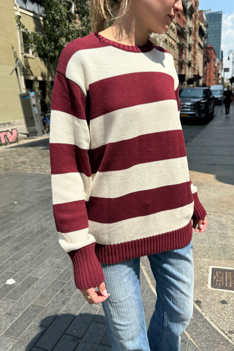 Brianna Cotton Thick Stripe Sweater | Burgundy Ivory Stripes / Oversized Fit