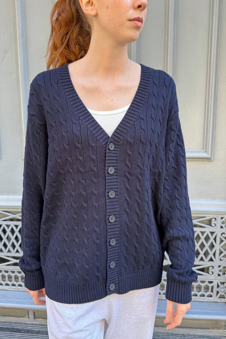 Amber Cotton Cable Knit Cardigan | Navy Blue / Oversized Fit