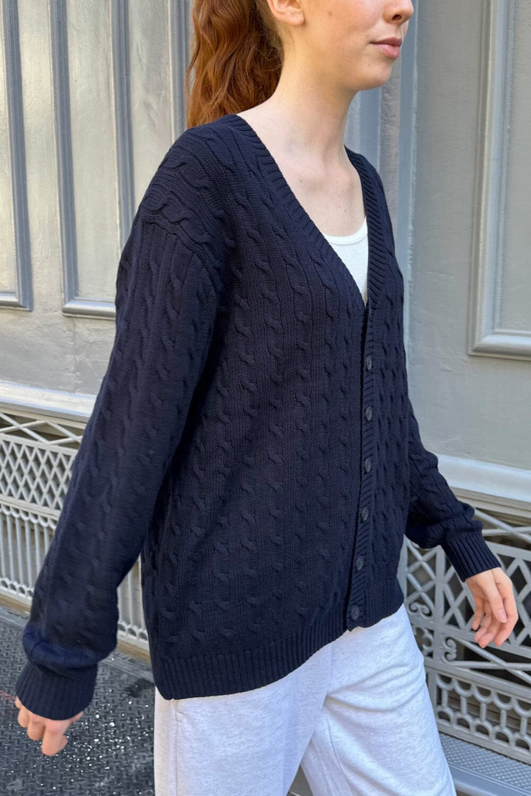 Amber Cotton Cable Knit Cardigan | Navy Blue / Oversized Fit