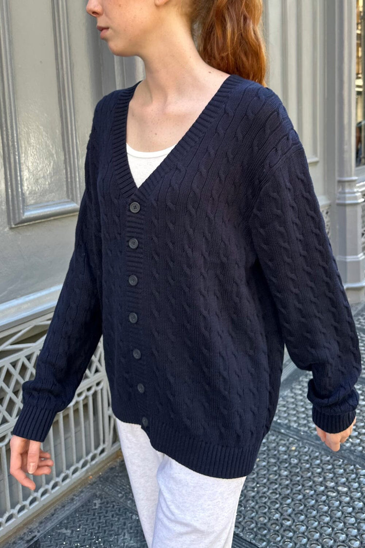 Amber Cotton Cable Knit Cardigan | Navy Blue / Oversized Fit