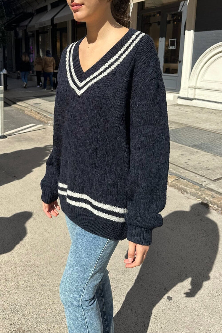 Nikki Heavy Wool Stripe Sweater | Midnight Blue White Trim / Oversized Fit