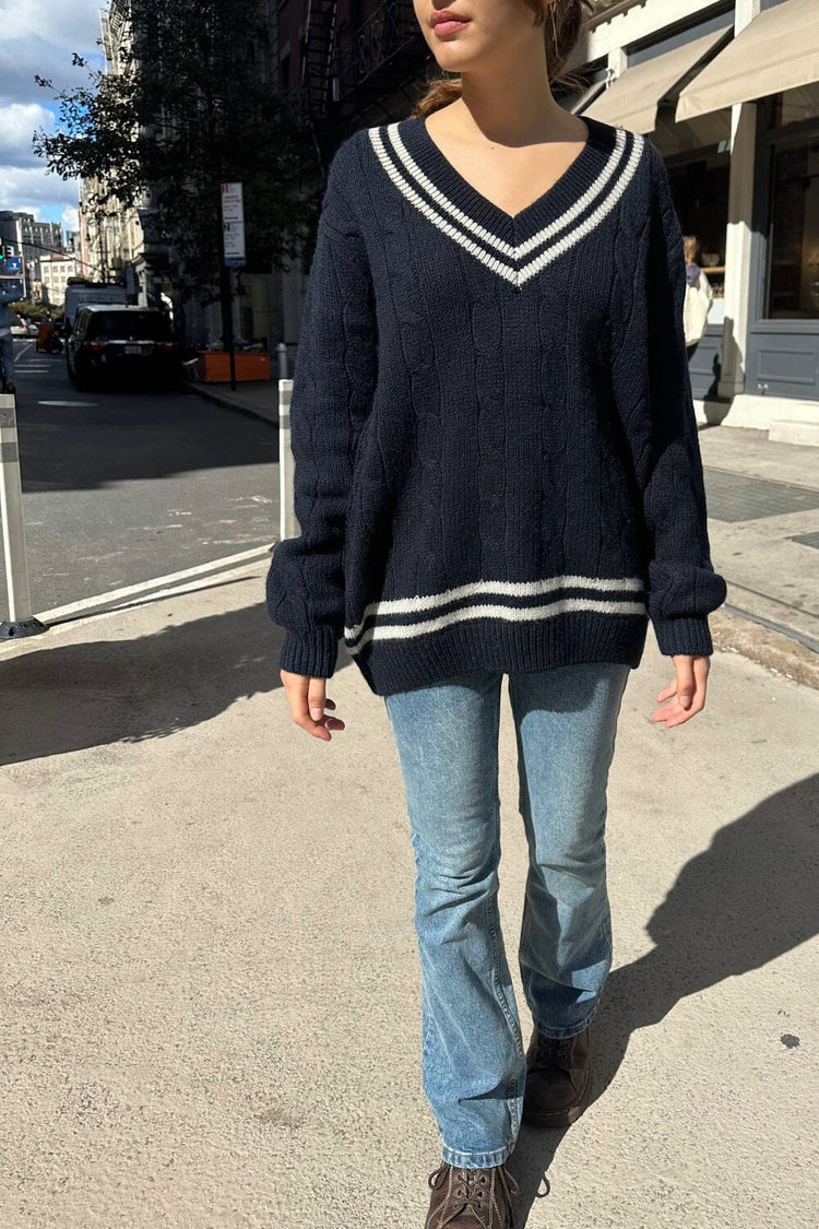 Nikki Heavy Wool Stripe Sweater | Midnight Blue White Trim / Oversized Fit