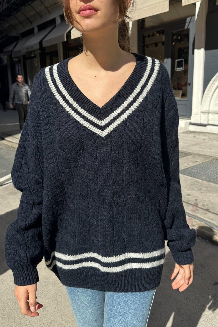 Nikki Heavy Wool Stripe Sweater | Midnight Blue White Trim / Oversized Fit