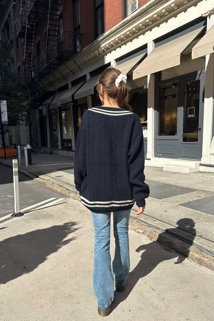 Nikki Heavy Wool Stripe Sweater | Midnight Blue White Trim / Oversized Fit