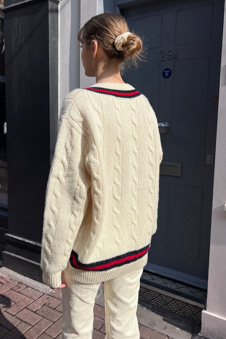 Nikki Heavy Wool Stripe Sweater | Navy Red Ivory Trim / Oversized Fit