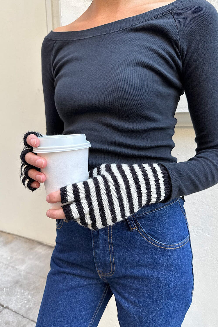 Fingerless Wool Striped Gloves | White and Black Stripe