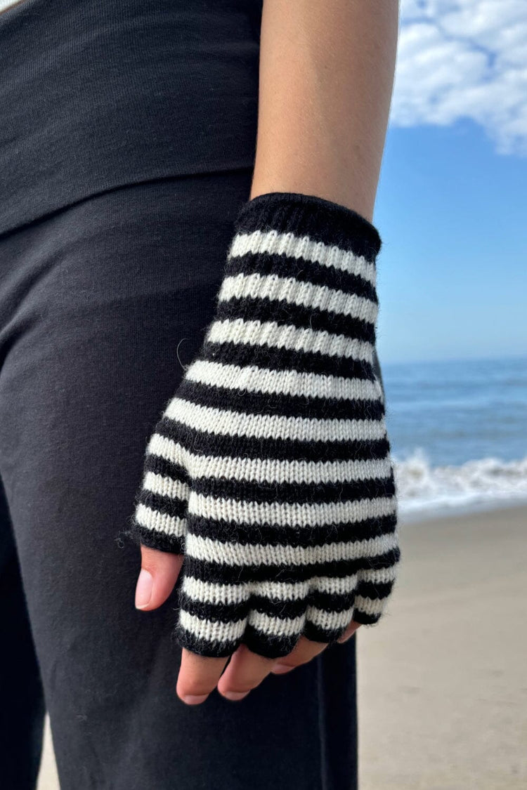 Fingerless Wool Striped Gloves | White and Black Stripe