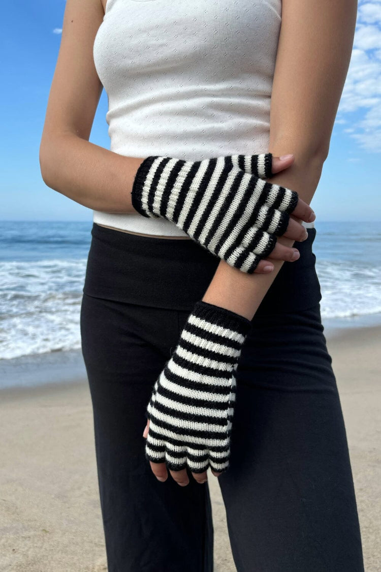 Fingerless Wool Striped Gloves | White and Black Stripe