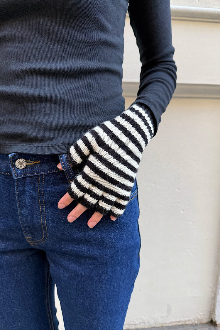 Fingerless Wool Striped Gloves | White and Black Stripe