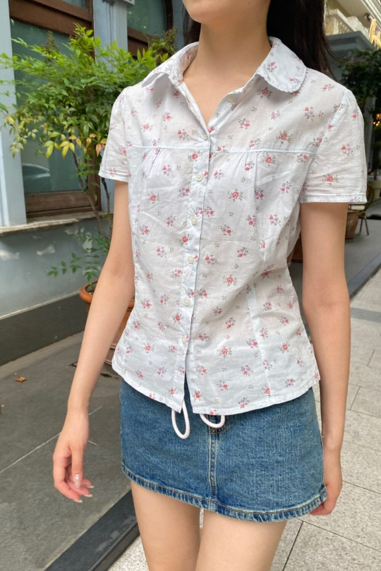 Teagan Flowers Top | Pink And Steel Blue Floral / XS/S