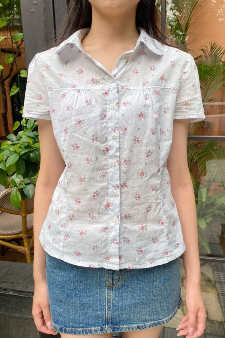 Teagan Flowers Top | Pink And Steel Blue Floral / XS/S