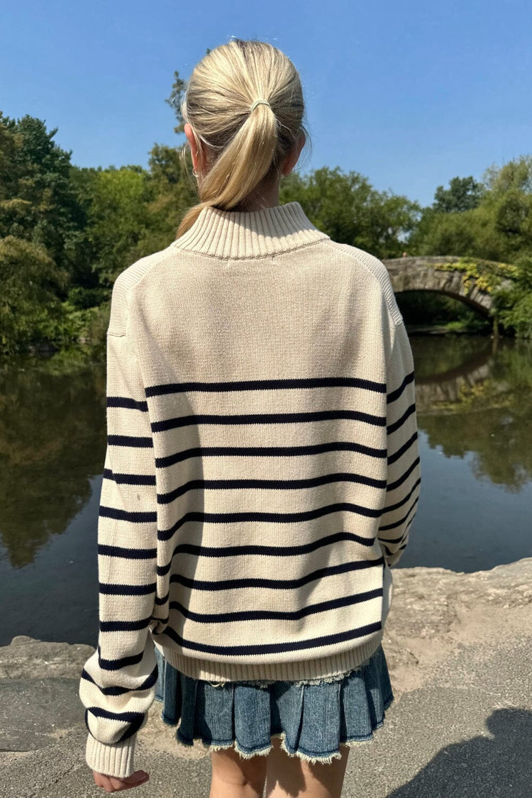 Aleah Cotton Stripe Sweater | White With Thin Navy Stripes / Oversized Fit