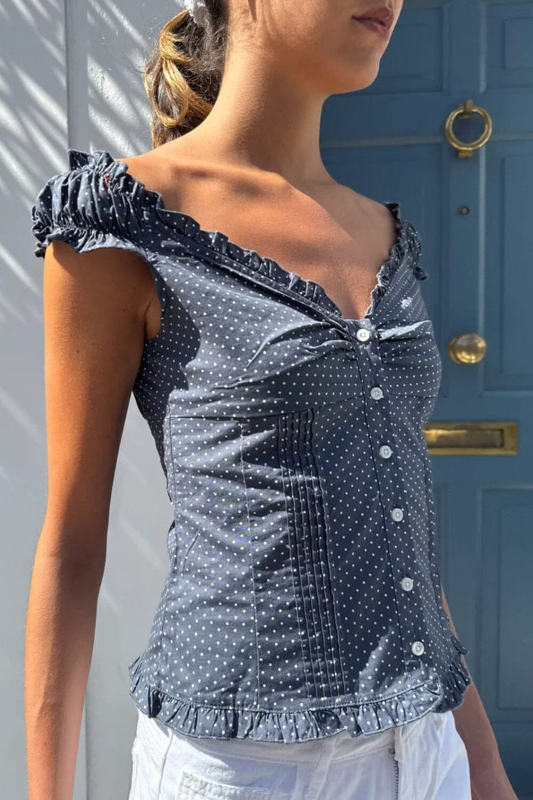 Elena Polka Dot Top | Faded Navy Blue With White Polka Dots / XS/S
